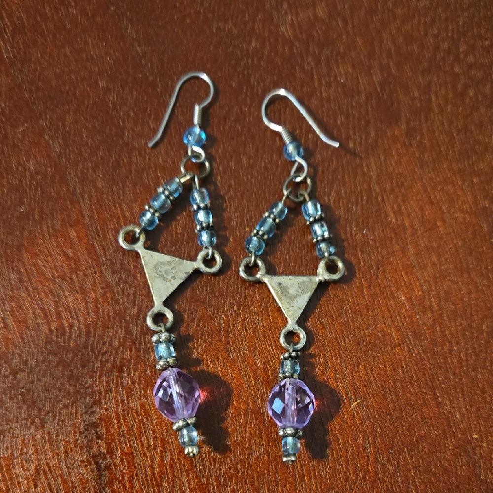 Silver and Purple Beaded Earrings